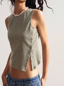 Bohemela Women's Casual Vintage Solid Color Knit Crew Neck Sleeveless Fitted Split Hem Tank Top, Boho Style For Independence Day, Autumn Snap Button Top Sleeveless Top Ribbed Top