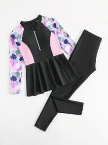 Conjunto de ropa de baño para niñas preadolescentes con parte superior tipo tank top de estampado tropical retazos y Bottom bikini, y bañador de manga larga, talla 8 a 9 años, conjunto de ropa para niñas pequeñas, conjunto de dos piezas para niñas, conjunto de ropa para niñas