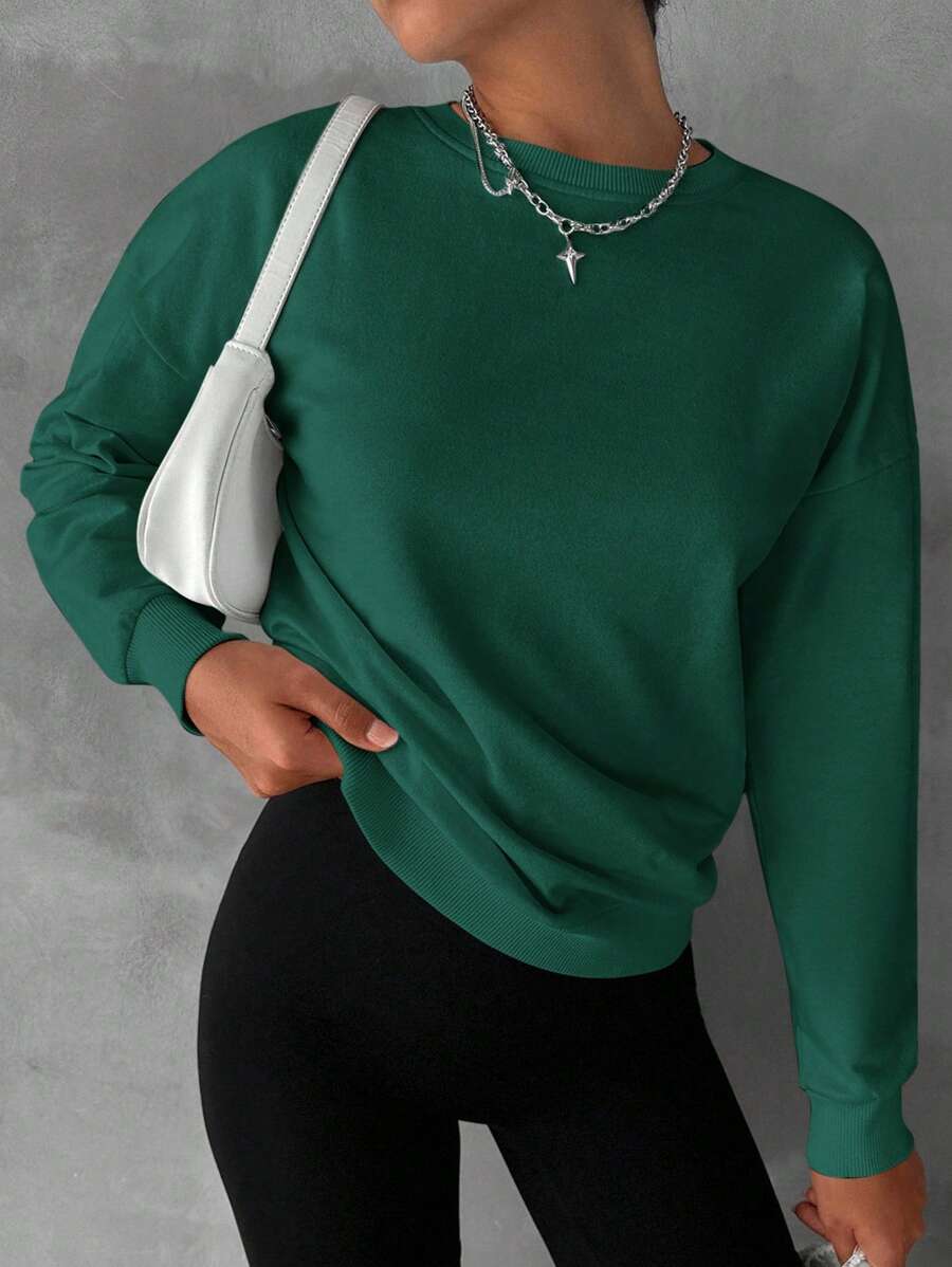 EURMUSE Cotton Solid Drop Shoulder Sweatshirt - Green - View 1