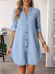 EMERY ROSE 女式V领卷边单排扣休闲牛仔连衣裙 - 藍色 - 查看 3