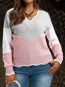 EMERY ROSE Große Größen V-Ausschnitt Muschel Besatz Farbblock Lässiger Langarm Pullover Für Frauen V-Ausschnitt Pullover Farbblock Pullover Herbst, Winter, Rückkehr zur Schule, Lehrerin, Ausgehen Oberteile - Verschiedenfarbig - Übersicht 3