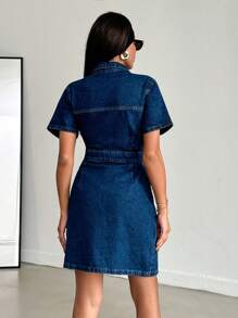 EURMUSE Summer Fashion Front Button Denim Dress - Teal Blue - View 2