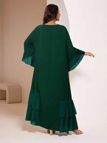 Mulvari Plus Size Tassel & Bow Tie Collar Bell Sleeve Dress - Green - View 2