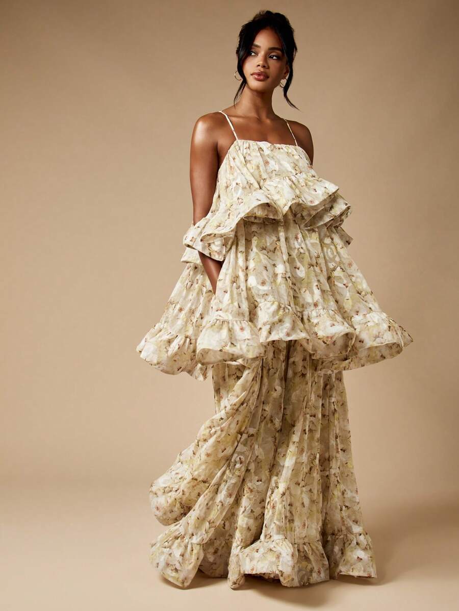 MISSGUIDED 多层荷叶边长裙雪纺婚礼宾客春夏花园派对飘逸褶皱场合穿着及地长礼服 - 彩色 - 查看 1
