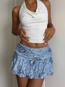 Comfortcana 时尚蓝色亮片低腰迷你裙，夏季