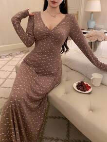 DAZY Long Floral V-Neck Ruched Nightgown Pajama, Winter - Camel - View 6