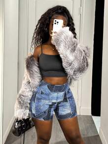 SHEIN Essnce 女式针织牛仔短裤，弹力腰部修身性感休闲百搭款式，夏季 - 彩色 - 查看 6