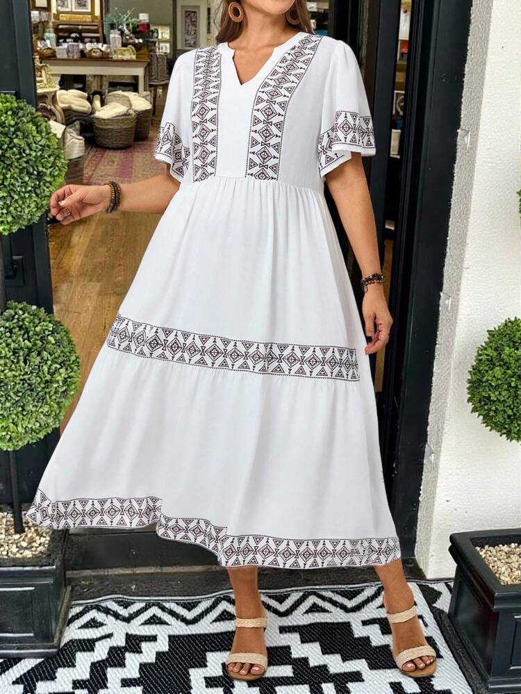 Plus Size Women Geometric Print V-Neck Ruffle Short Sleeve Vacation Dress,Summer Dresses For Women,Vacation Outfits Woman,Beach Outfits For Woman,Dresses Plus Size Women,Wedding Guest Dress Women,Dresses For Women Elegant,Country Concert Outfit ,Teacher Outfits For Women,Beach Vacation Outfits,Western Wear Women,Boho,