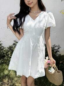 SHEIN 少女优雅提花纹理泡泡袖法式公主裙，适合海滩度假 - 白色 - 查看 5