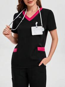 V-Neck Contrast Color Blocked Multi Pocket Short Sleeve Top & Pant Women Scrubs Uniform - Black - View 4