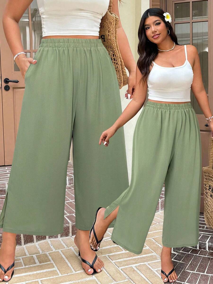 SHEIN EZwear Plus Size Mint Green Casual Loose Straight Leg Cropped Pants,Business Casual Woman, Split Hem Pants, High Waisted Pants, Wide Leg Pants, Summer Pants