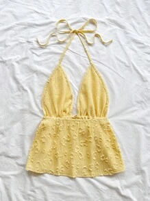 Soleia V 领系带无袖纹理面料白色露背背心，适合假日、约会、情人节、下午茶等休闲穿着 - 黃色 - 查看 2