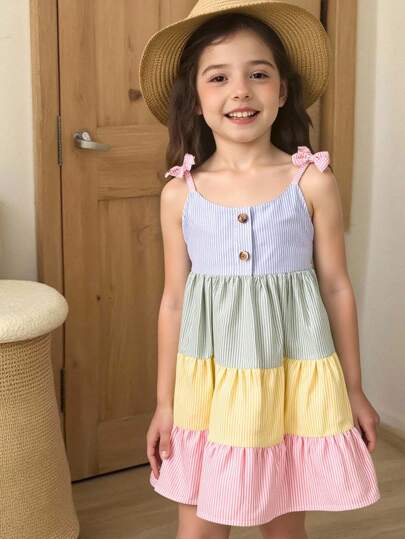 SHEIN Young Girl's Casual Color Block Striped Spaghetti Strap Layered Dress For Summer Summer Holiday