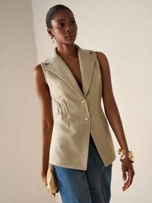 Zivah 20  Fall/Winter New Arrival College Style Music Festival Graduation Casual Daily Vacation Beach Sunbathing Streetwear Commute Elegant Lapel Vest Sleeveless Overcoat Thin A-Line Waisted Apricot Woolen Vest - Apricot - View 6