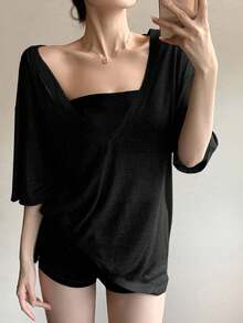 Dazy Plus Camisa tipo cubre con cuello en V profundo, manga corta y holgada, para el verano