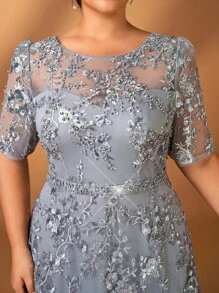 Serin Váy sang trọng cho mẹ, cổ tròn, bán trong suốt, thêu hoa thủ công, viền bèo nhún, thanh lịch, lãng mạn - Màu xám đen - Xem 3