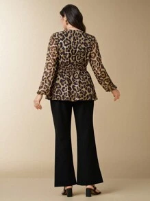 Flouryn Blusa de mujer de talla grande de estilo casual y sexy con cuello en V, mangas largas, cintura entallada y estampado de leopardo en gasa