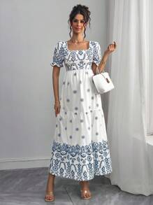 Momance Pregnant Women Square Neck Fitted Waist A-Line Short Sleeve Dress