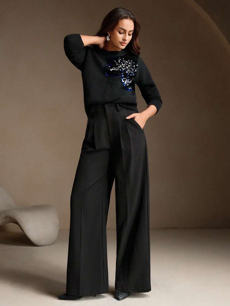 Elegant Chic Autumn/Winter Sweater With Embroidered Sequin & Rhinestone Floral Decor, Round Neck