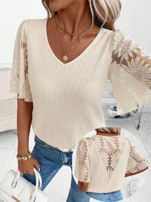 SHEIN Clasi Camisa T de Babados de Manga Remendada em Tecido Waffle Elegante Feminina, Versátil para Uso Diário, Transporte e Múltiplas Ocasiões