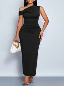 SOLERSUN Women's Plus Size Spring Summer Solid Color Simple Daily Date Elegant Party Asymmetric Oblique-Shoulder Tight-Fitting Long Dress - Black - View 3