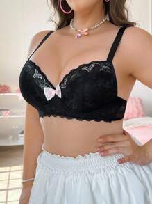 PetitDoll 1 件透明蕾丝优雅钢圈文胸，舒适提升和塑形设计，防下垂加大码女士内衣 - 黑色 - 查看 1