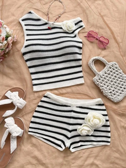Soleia Women's Casual Holiday Striped 3D Floral Decor Knit Top And Shorts 2 Pieces Set Striped Two Piece Set   Fall Women Clothes  Winter Clothes For Women Winter Outfit For Women  Off The Shoulder Top  Striped Autumn Clothes