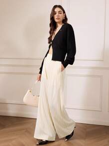 Briarwyn 女士休闲条纹印花斜口袋褶皱宽松阔腿裤，女式秋季裤子，女式冬季裤子，返校裤，女式教师裤，复古女装，老钱风格 - 杏色 - 查看 5