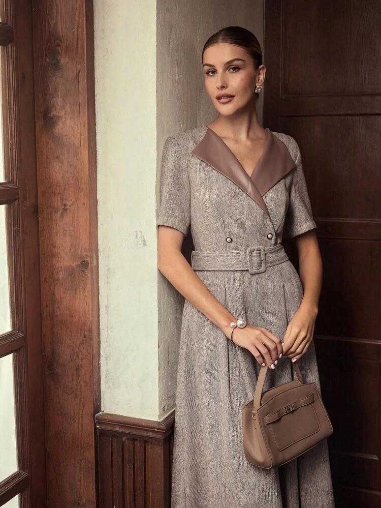 ZEYLAH BELTED TWEED CINCHED WAIST A-LINE DRESS