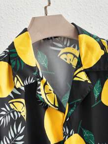 HIMLAND Camisa de manga corta con cuello de solapa estilo campamento, con estampado de limón, informal para hombres
