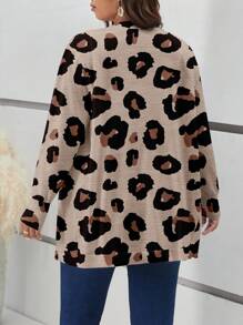 Plus Size Women Khaki Leopard Print Knitted Cardigan, Casual & Minimalist Style Suitable For Autumn, New Arrival Autumn And Winter Fall - Khaki - View 2