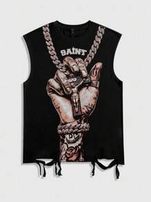 ROMWE MEN Street Life سترة رجالية كاجوال بطبعة النخيل بياقة طاقم بدون أكمام مع حاشية شرابة، صيفي، طراز 2000