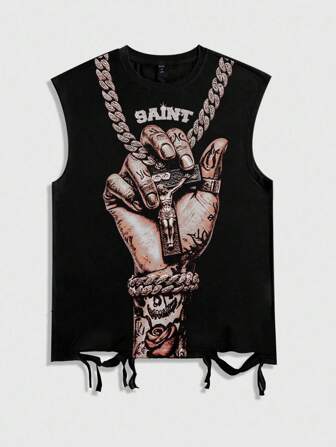 Street Life Gilet décontracté à col ras du cou sans manches avec imprimé palmier et ourlet à franges, pour l'été, pour hommes