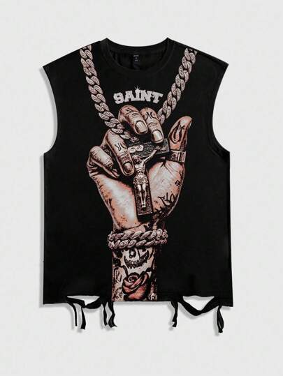 Street Life Débardeur décontracté pour hommes avec imprimé de palmes, col ras-du-cou, ourlet à franges, style années 2000, pour l'été