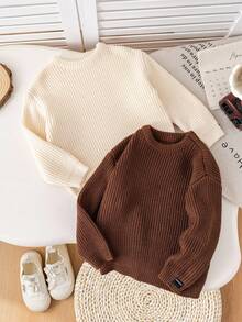 SHEIN 青少年男孩圆领长袖针织休闲套头毛衣