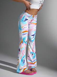 SHEIN Jeanoir Women's Fashion Tie-Dye Print Slim Flare Leg Jeans - Blue - View 1