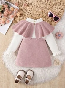 SHEIN Vintaside Kids 女婴毛衣裙，圣诞主题针织套头裙，秋冬季舒适温暖，二合一斗篷款式，荷叶边领子，花卉钩针装饰，时尚优雅，适合日常穿着、外出和旅行