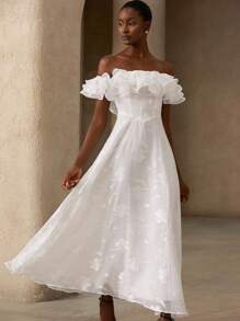 Aveloria 法式复古优雅浪漫约会夜礼服，奢华设计，压花叶贴花，露肩荷叶边多层雪纺连衣裙，束腰显瘦效果 - 白色 - 查看 4