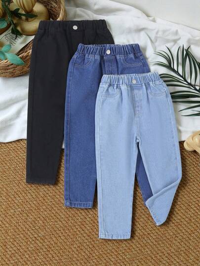 SHEIN Vintaside Kids 3件組男孩牛仔褲，新款時尚修身錐腿休閒百搭牛仔褲，黑色/深藍色/淺藍色，適合學校、校園、大學，秋季穿著