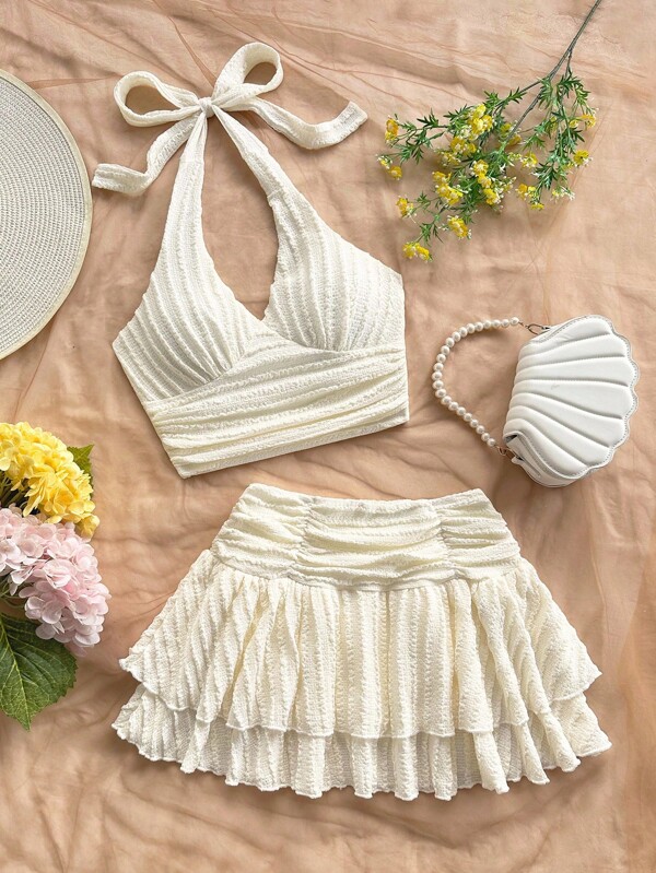 Soleia Women's Vacation 2Pcs Set - Textured Beige Halter Neck Tie Front Crop Top And Layered Ruffle Mini Skirt, Suitable For Party, Date, Afternoon Tea,Street Wear, Young, Girly