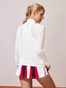 CourtClass 女式春夏透明纹理面料个性化印花金属拉链立领休闲运动网球日常 Polo 衫 - 白色 - 查看 2