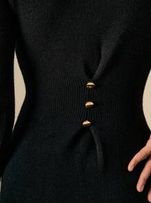 Poéselle 女士简约优雅纽扣前长袖连衣裙 - 黑色 - 查看 3