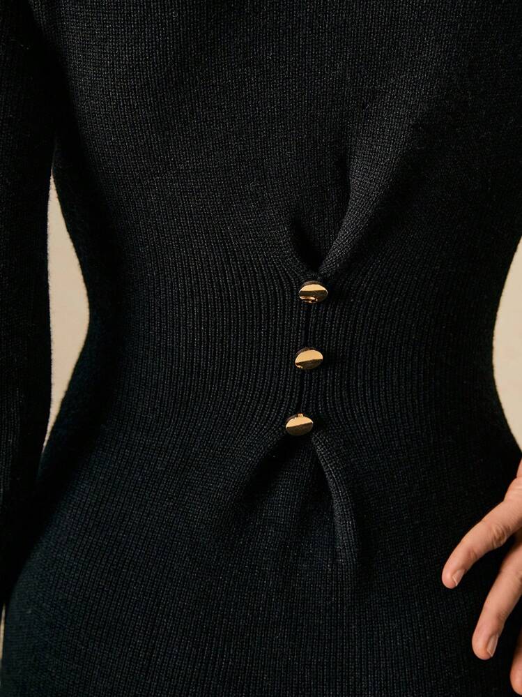 Poselle Women's Sweater Dress Waist Dress Metal Button Decoration Women's Dress  Black Dress Long Dress Women Simple Elegant Button Front Long Sleeve Dress  Elegant Dress Fall Women Clothes Fall Clothes Autumn Clothes