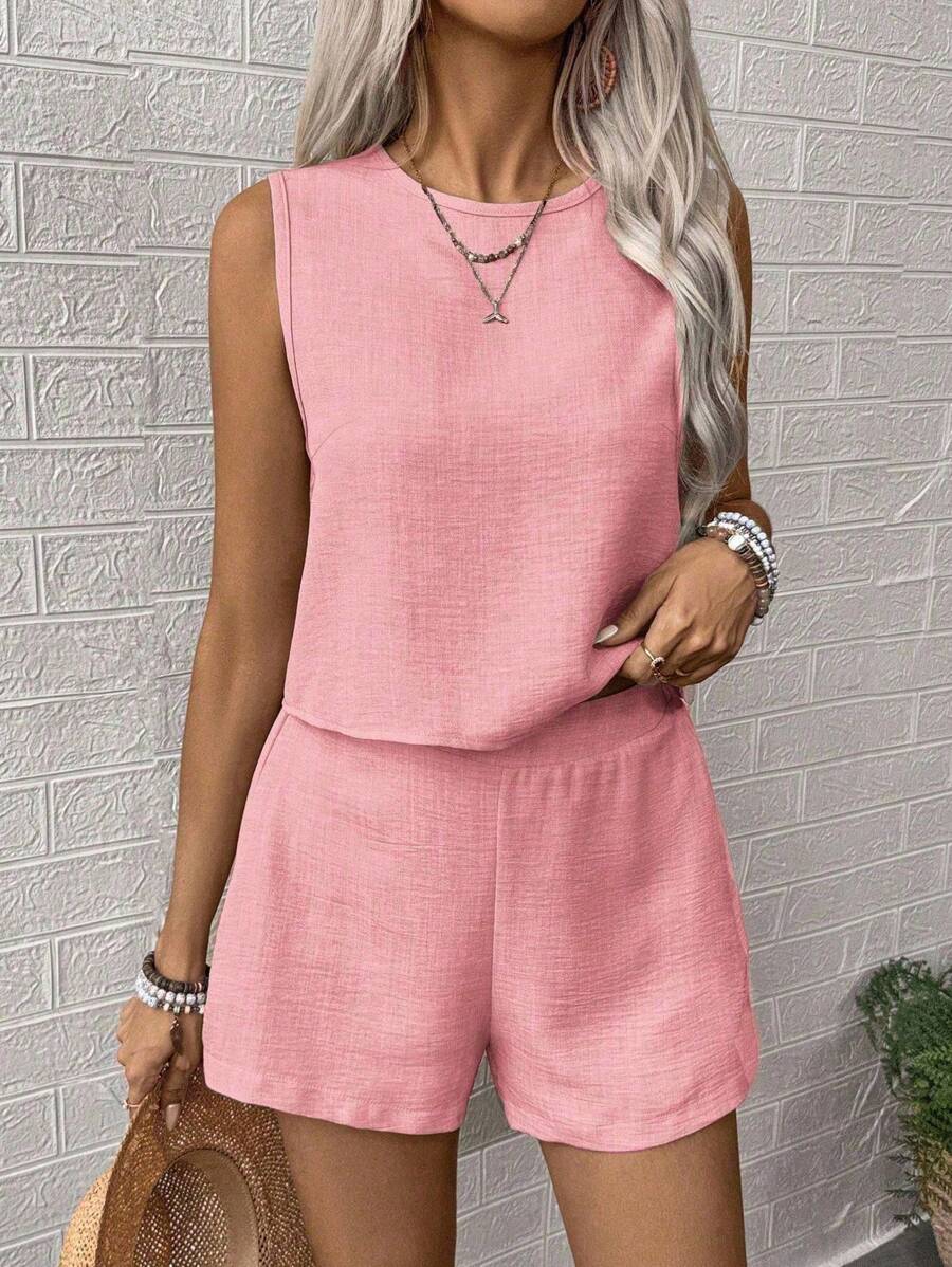 SHEIN PETITE 2pcs/Set Casual Solid Color Sleeveless Top And Shorts Set, Vacation