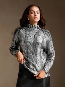 Anewsta 女士时尚高领插肩袖银箔毛衣，秋冬 - 銀色 - 查看 3