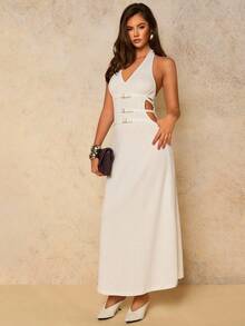 COSMINA Vestido largo tejido con botones y calado elegante para mujer, adecuado para vacaciones, primavera/verano - Albaricoque - Ver 2