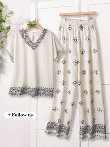 Rusticease 2 件套女士几何印花衬衫和裤子休闲度假套装 - 彩色 - 查看 1