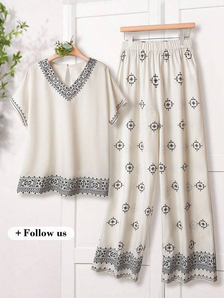 2pcs/Set Women Geometric Print Shirt And Pants Casual Holiday Suit