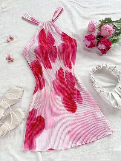 Soleia Vestido mini plisado con estampado floral y cuello de halter para mujer, silueta ajustada, ideal para vacaciones, citas, té de tarde, vacaciones, festivales de música, estilo bohemio, primavera/verano