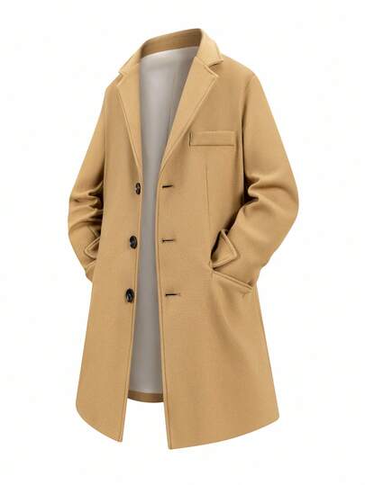 Manfinity Homme Men's Solid Color Distressed Lapel Single-Breasted Casual Overcoat, Fall/Winter